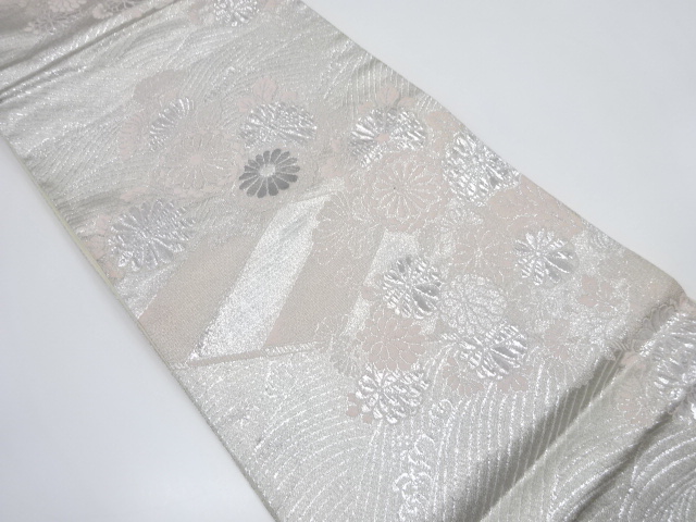 JAPANESE FUKURO OBI / PLATINUM FOIL / MATELASSE / WOVEN FLORAL PLANTS